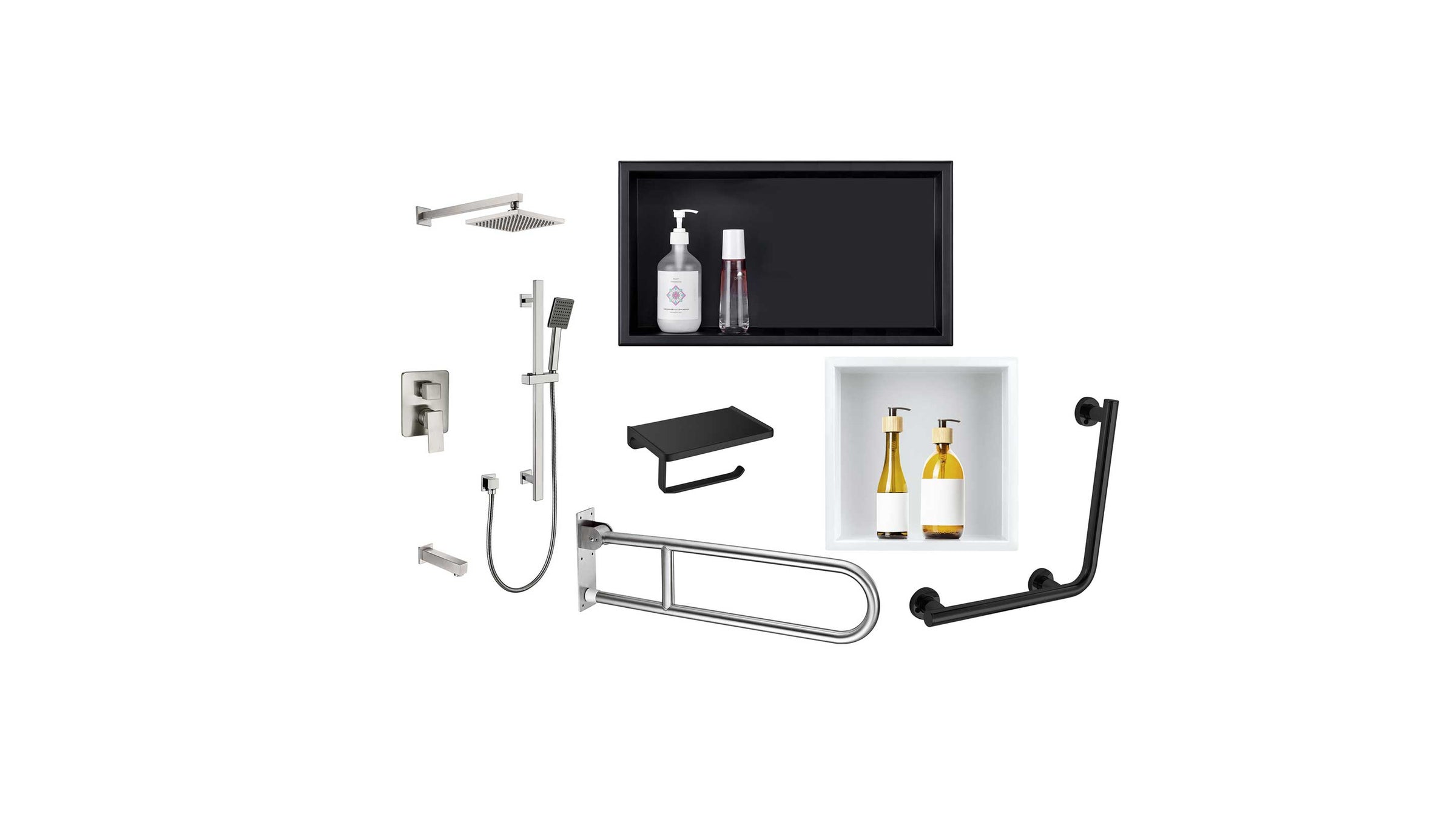 shower system, shower niche, grab bar in matte black and aluminum