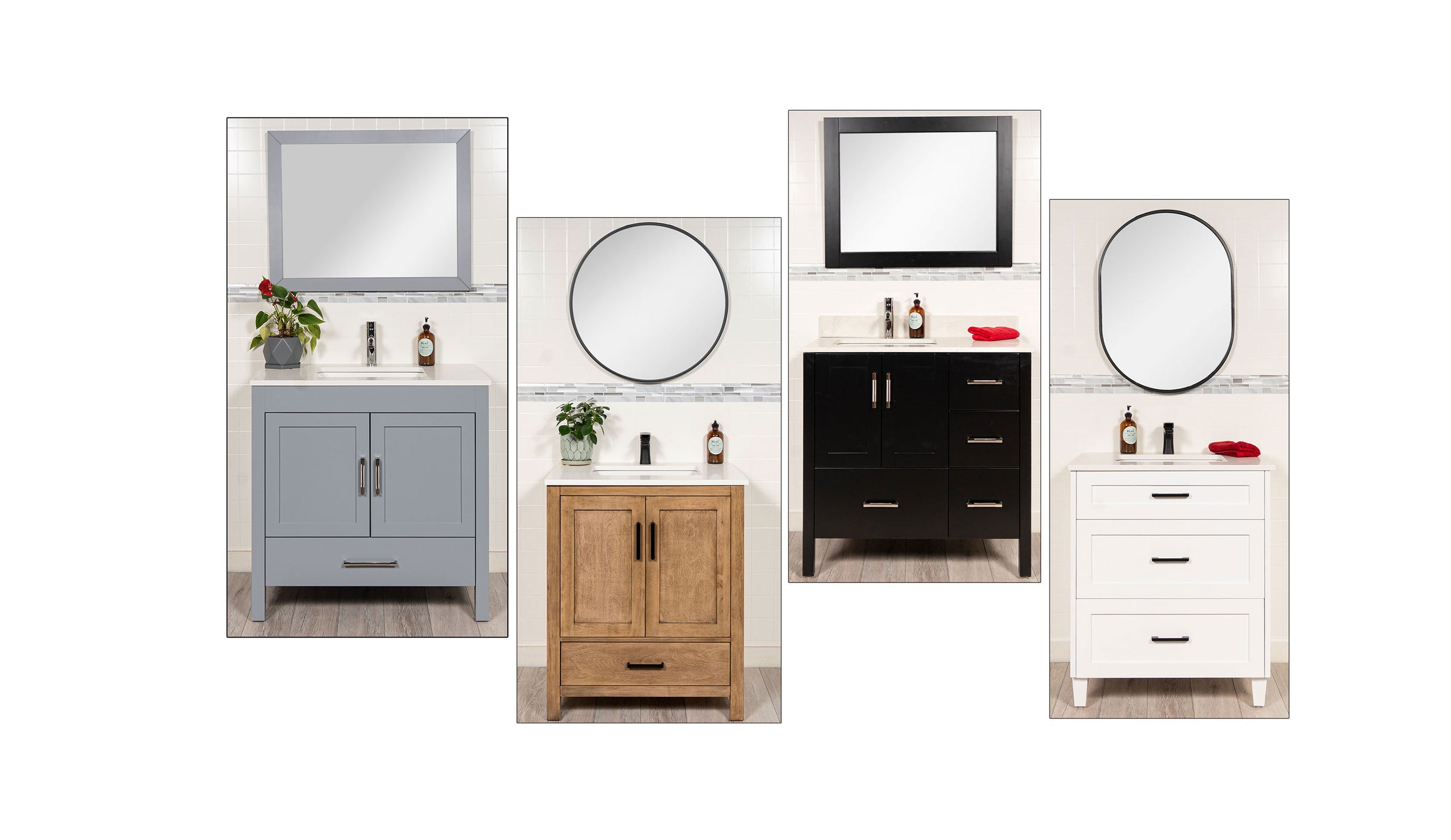 grey vanity, white oak vanity, black vanity and white vanity