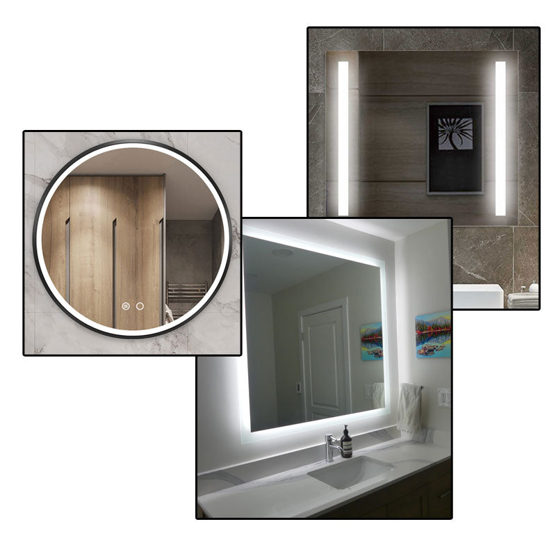 three backlit mirrors, one round with black frame, one rectangular and one square