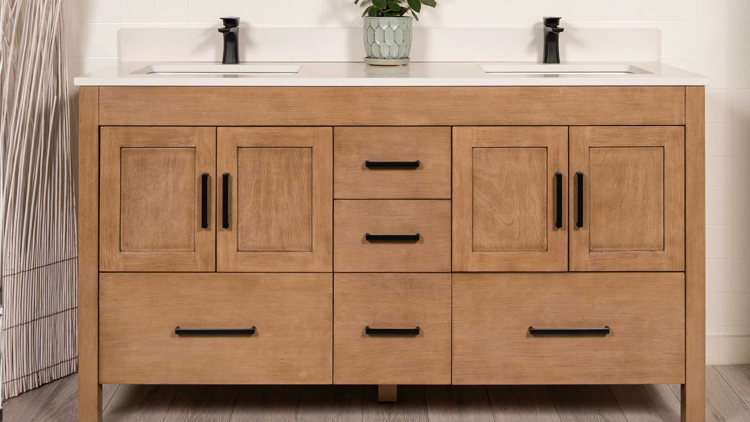 white oak double vanity, black pulls, white quartz, black faucets