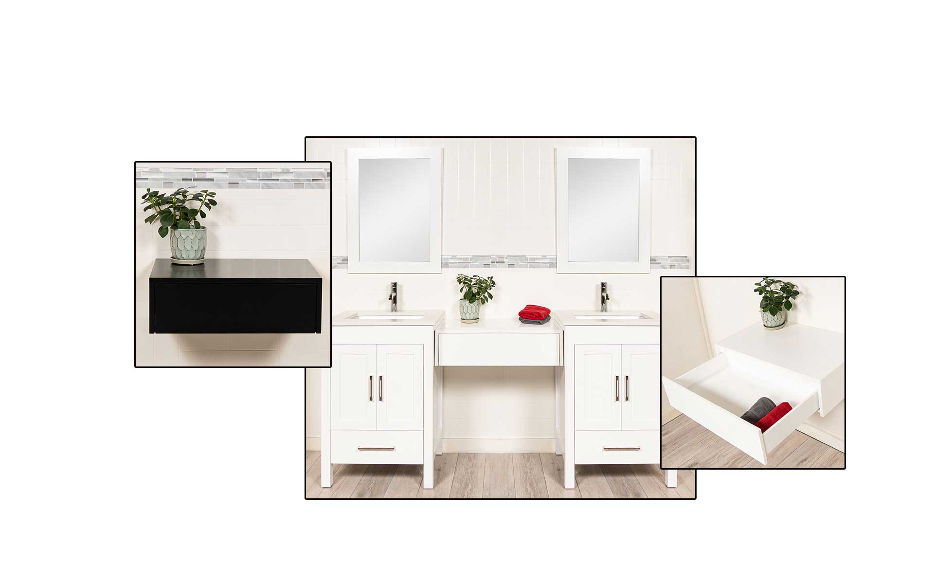 vanity makeup tables shown between two vanities