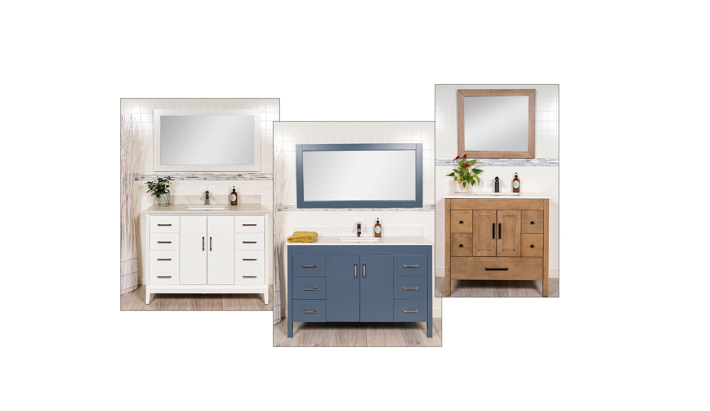 Collection of bathroom vanities with mirrors on a white background