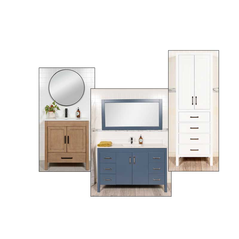 Bathroom vanity in white oak, one in blue and a white linen cabinet
