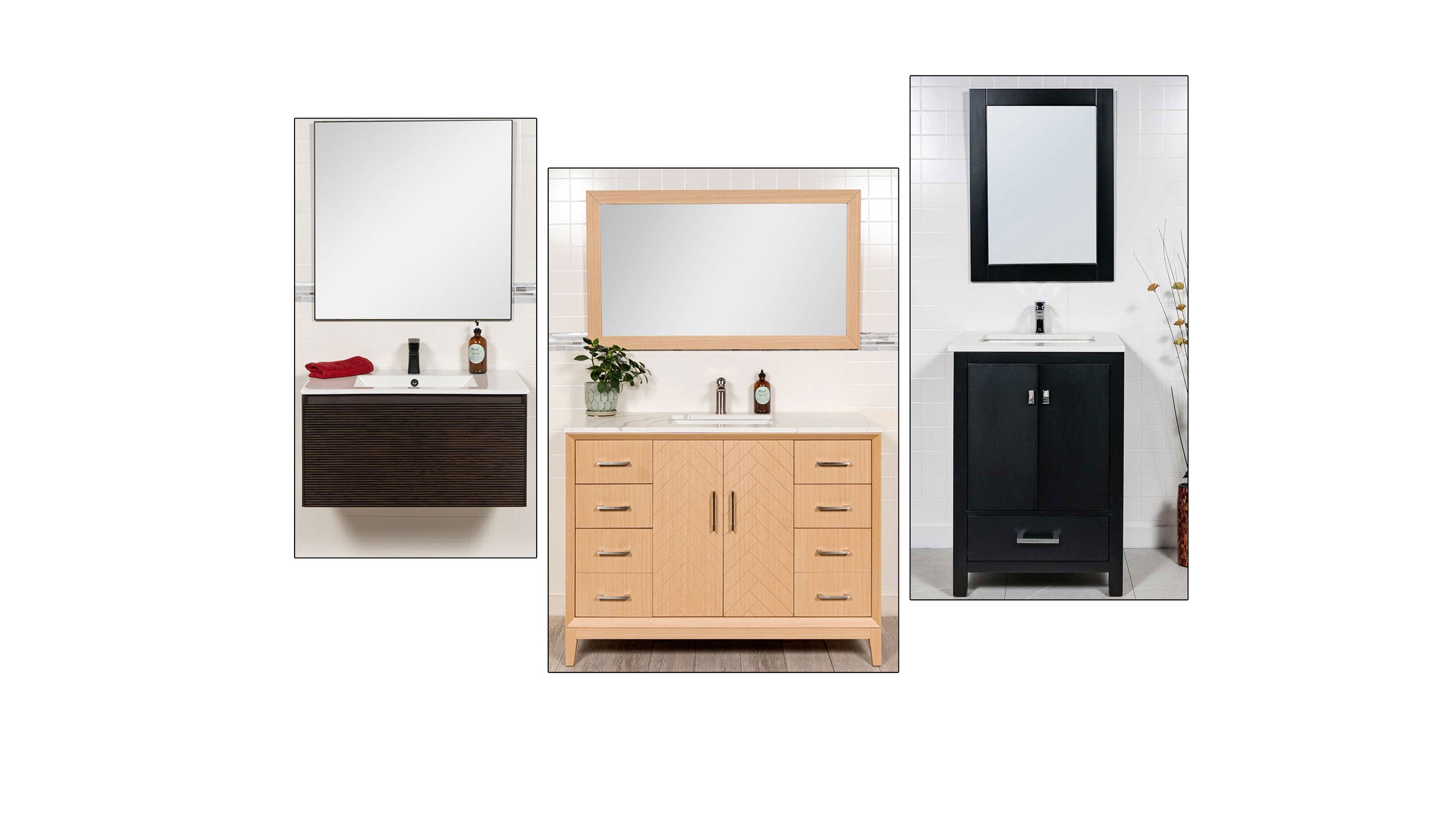 3 bathroom vanities, a wall hung vanity, a light oak 48 inch vanity and a black 24 inch vanity