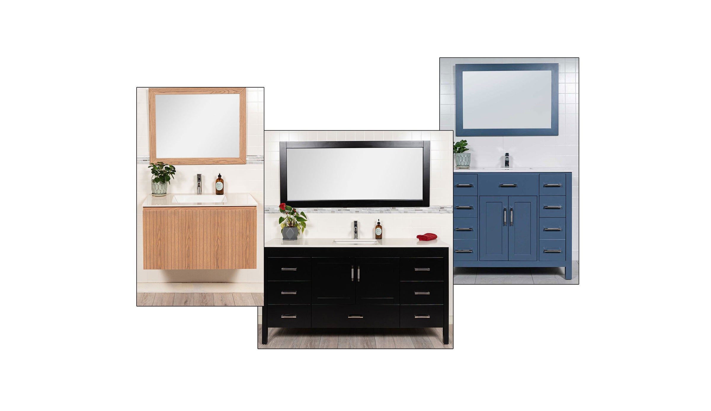 Collection of bathroom vanities with mirrors on a white background