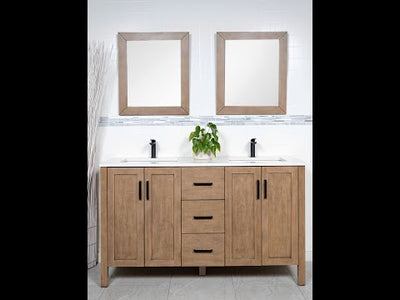 Video of white oak double vanity with the marblelized quartz and black faucets