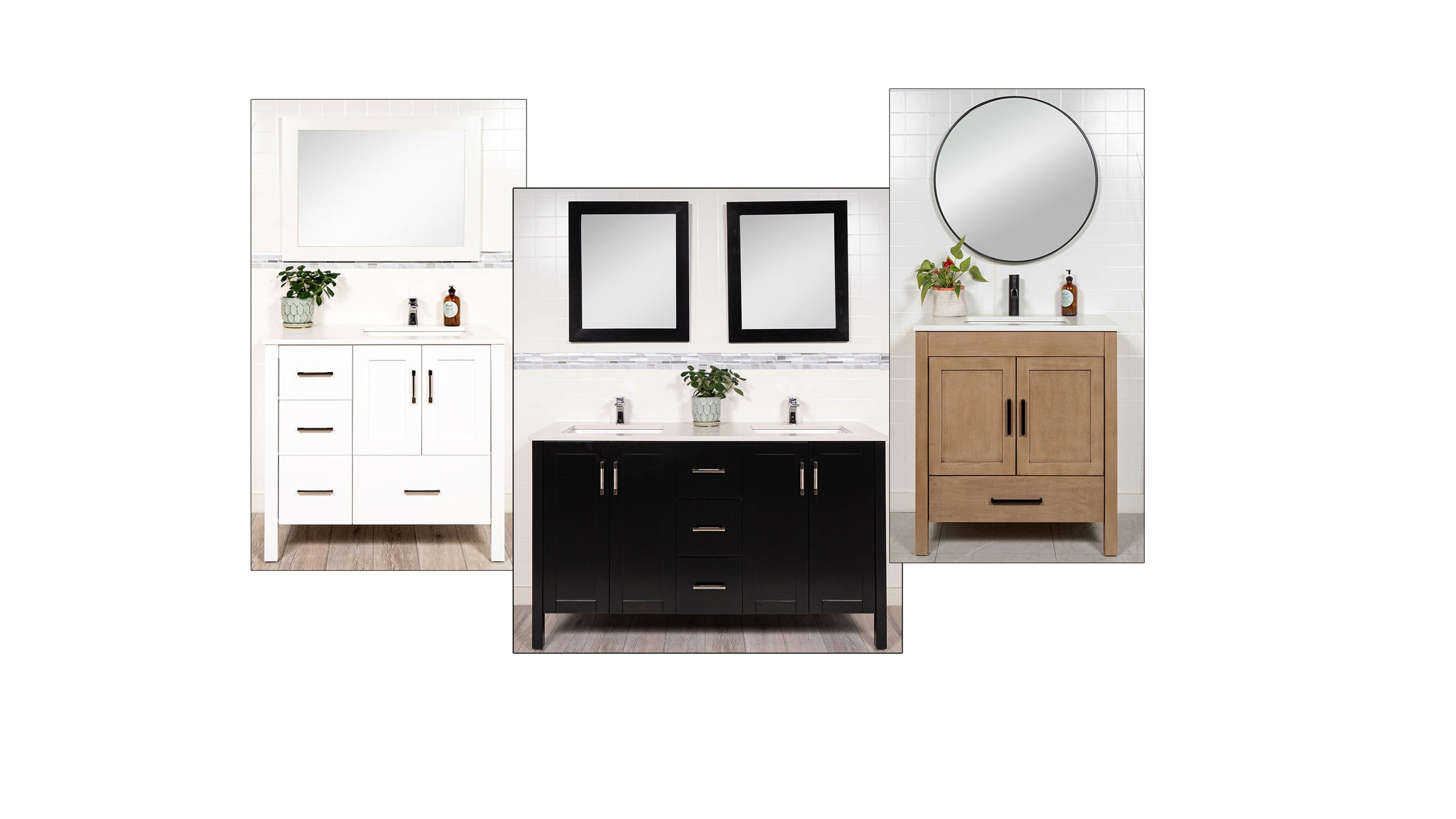 white 36 inch vanity with offset sink, black double vanity and 32 inch white oak vanity