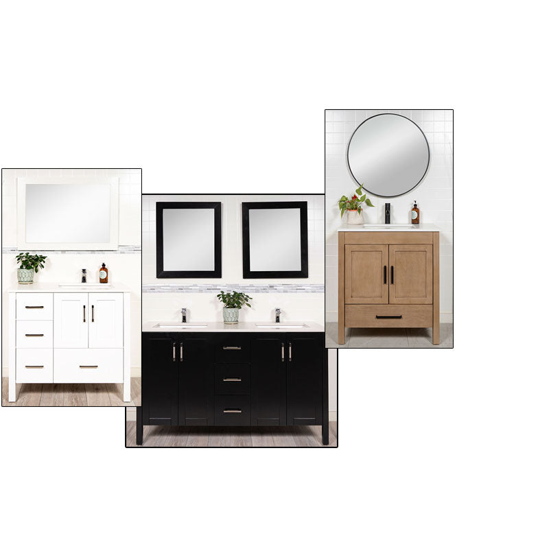 36 inch white vanity with offset sink, 60 inch black double vanity, 32 inch white oak vanity