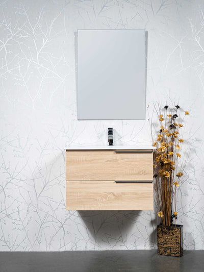floating vanity wood grain finish two drawers. white ceramic sink, chrome faucet and frameless mirror