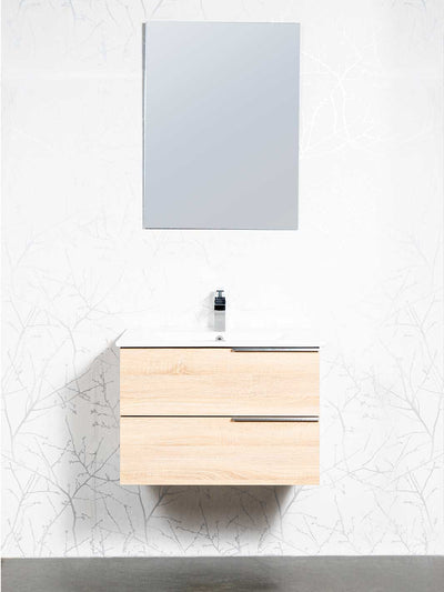 floating vanity with beech wood finish, two drawers, ceramic sink, chrome faucet and unframed mirror