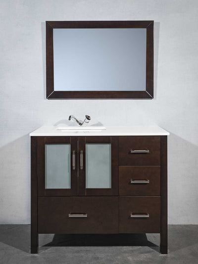 brown vanity with offset sink