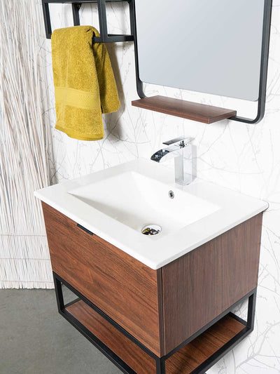 24 inch floating vanity wood grain finish with white ceramic sink and chrome faucet 