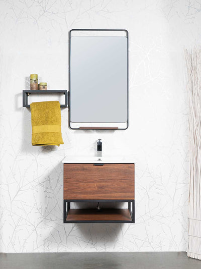 floating vanity wood grain finish, white ceramic sink, black faucet and black aluminum framed mirror