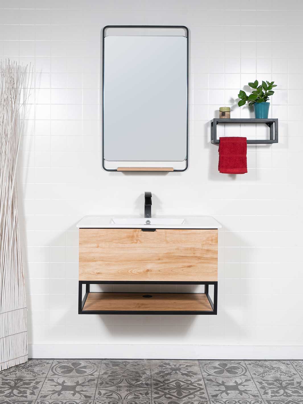 floating vanity maple finish, white ceramic sink, black faucet and black aluminum framed mirror