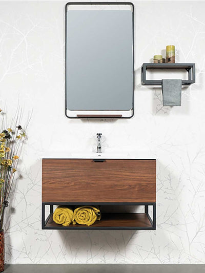 Floating style vanity, wood grain finish, black aluminum framed mirror, ceramic sink, and chrome faucet