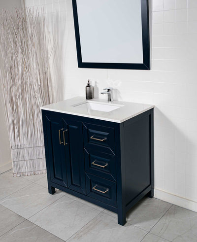 blue vanity with quartz counter