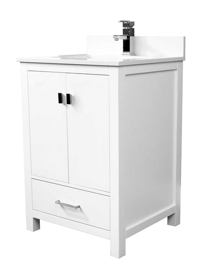 white vanity with white quartz counter, back splash, and chrome faucet