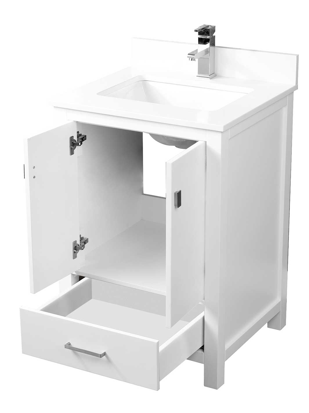 white vanity cupboard and drawer with white quartz countertop and chrome faucet