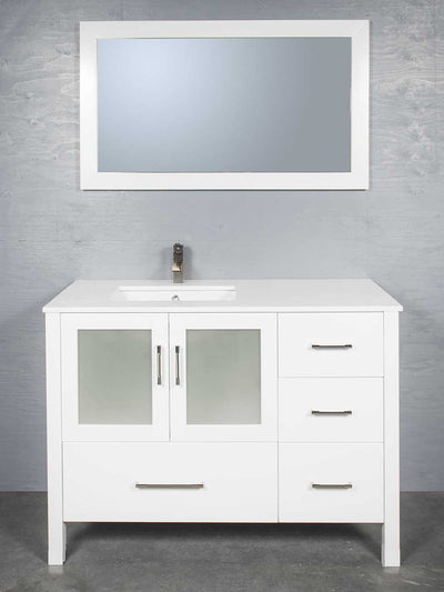 48 inch vanity with sink on left shown in white