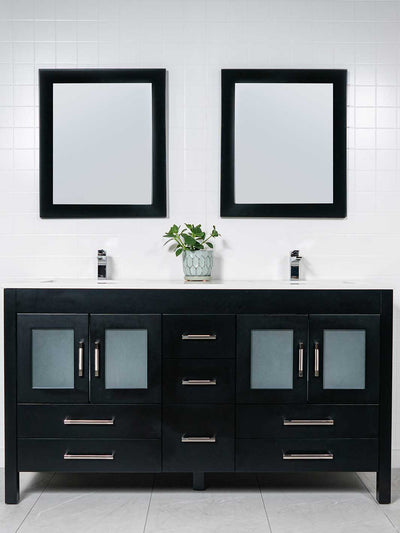 Black double sink vanity 63 inches with matching mirrors. Frosted glass doors. 7 drawers