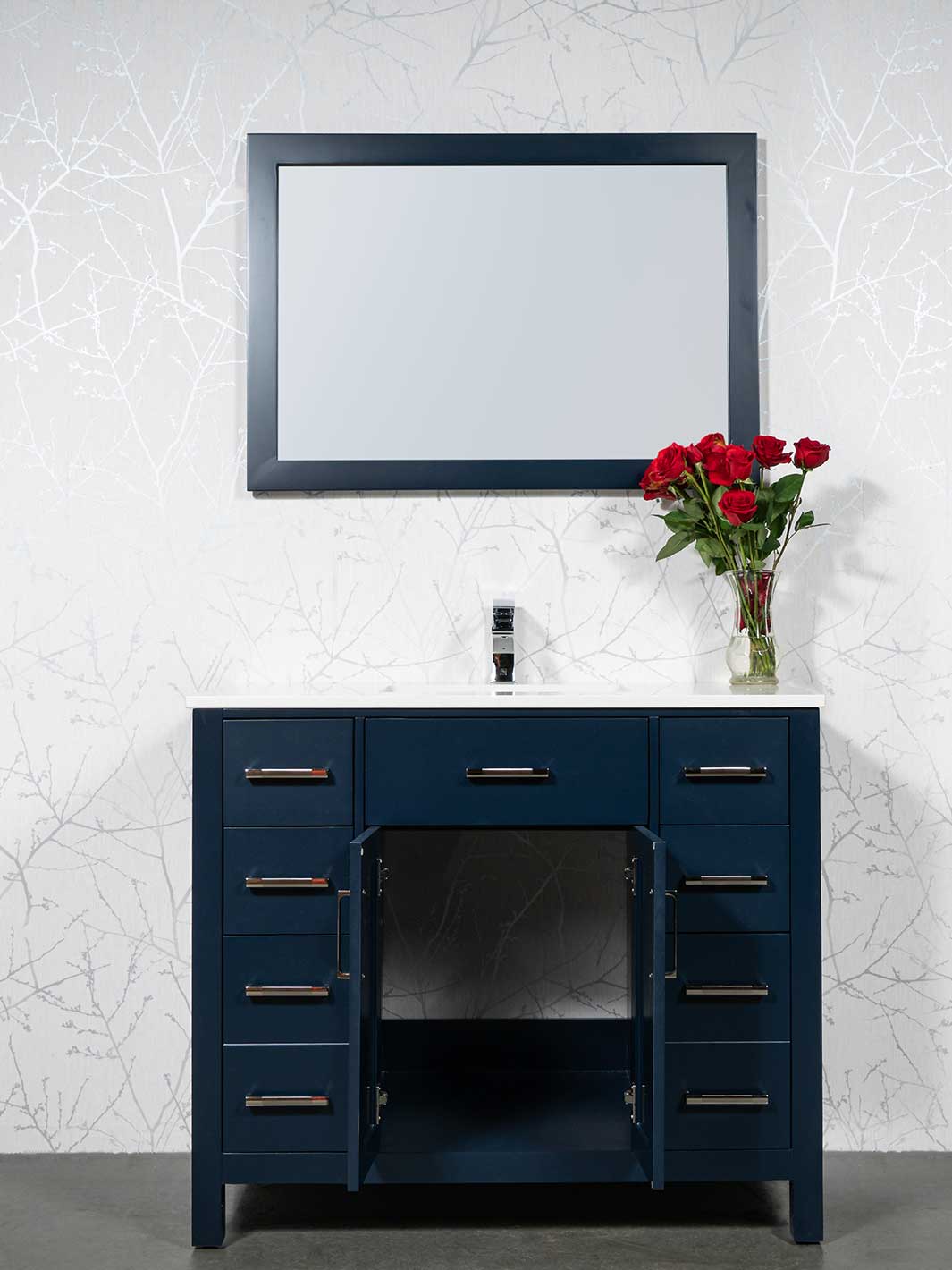 42 inch vanity with the cupboard beneath the sink open