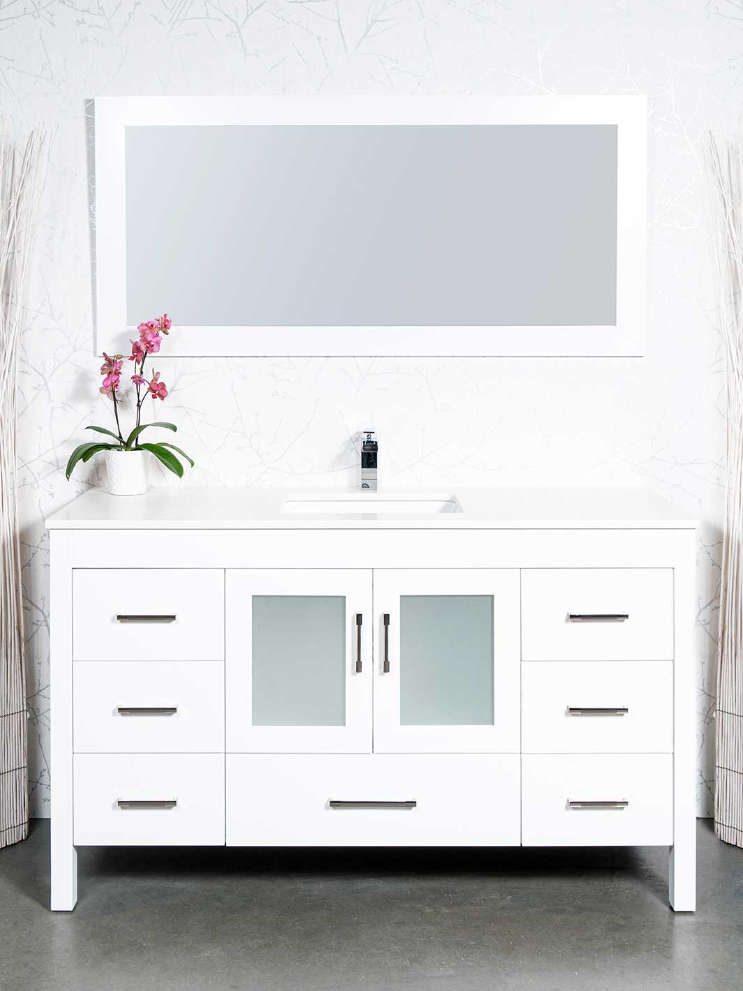 59 inch white bathroom vanity with counter, mirror and faucet