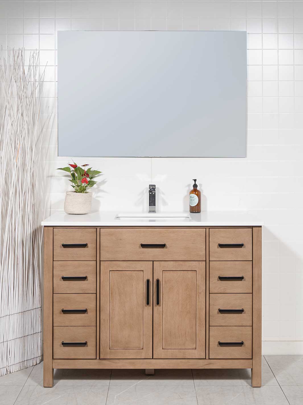 White oak vanity 48 inches wide with mirror and faucet