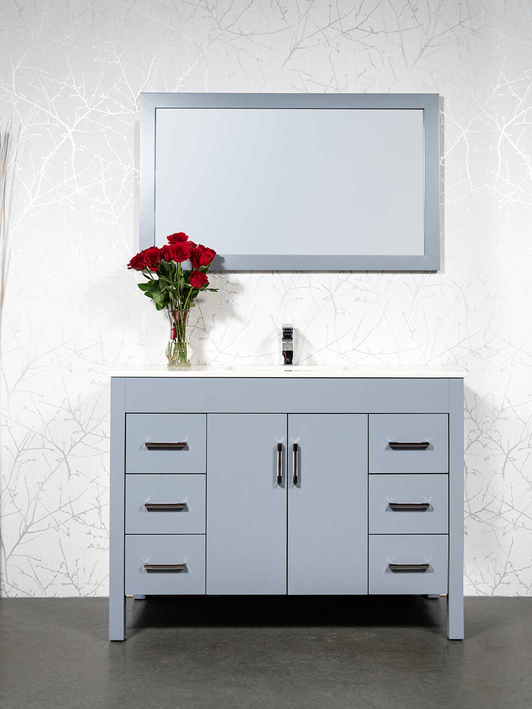 cashmere grey vanity 48 inches wide. grey mirror