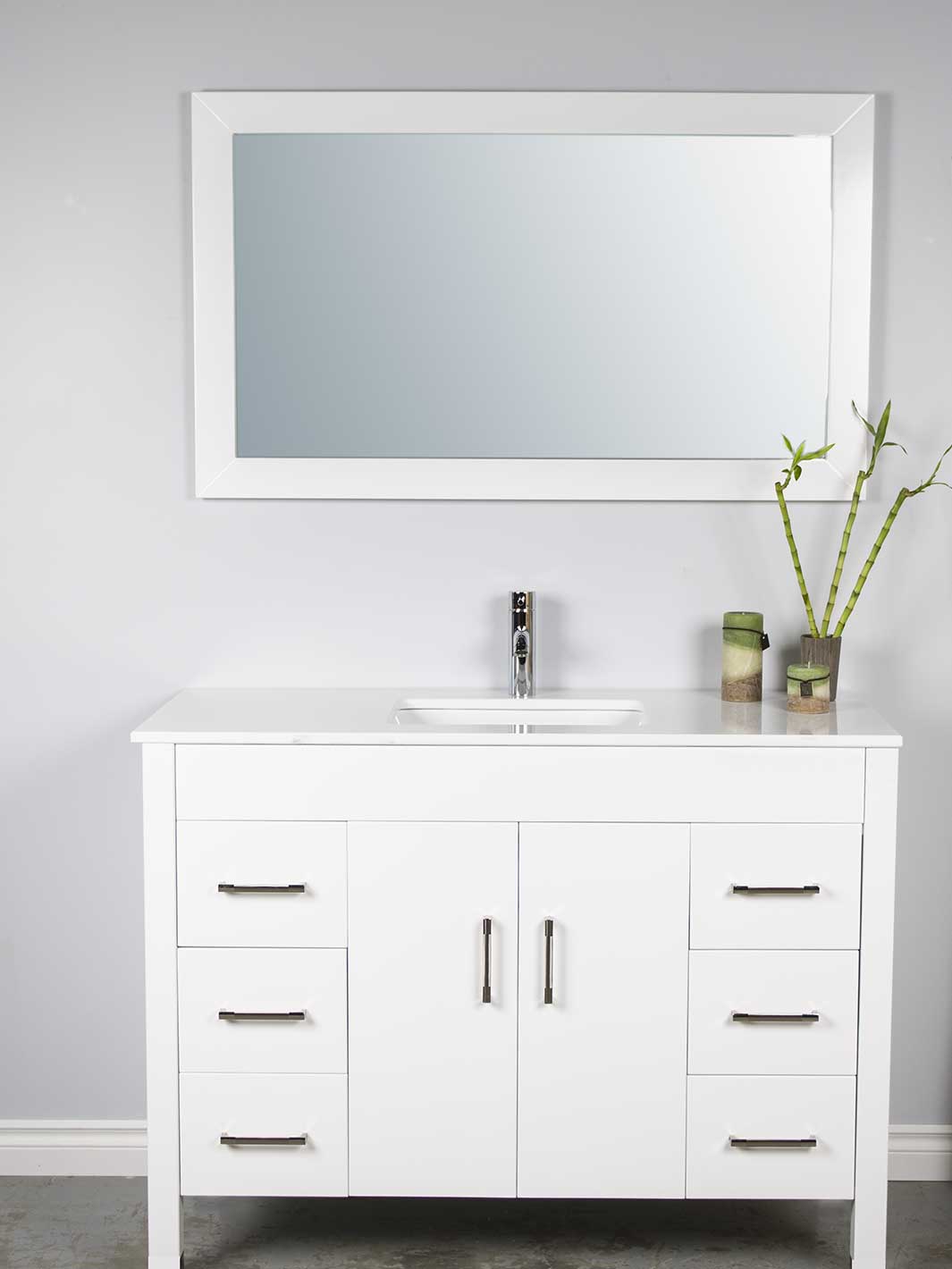 48 inch white bathroom vanity with mirror and faucet
