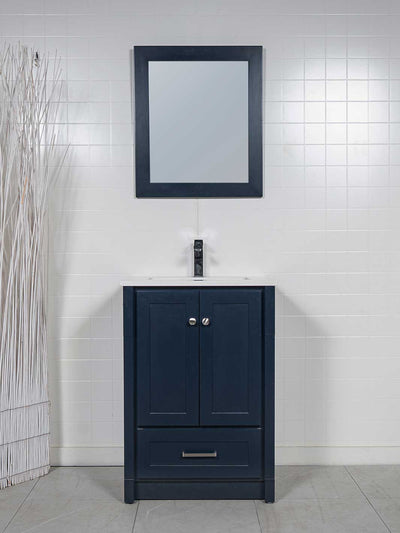 Blue bathroom vanity 25 inches wide with a quartz counter, a faucet and a blue wood framed mirror