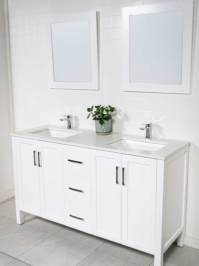 Side view of 60 inch double sink vanity in white