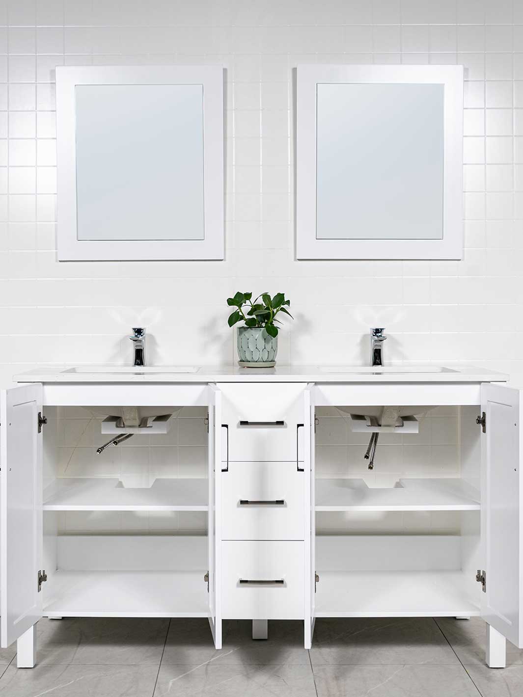 Open cupboards with shelf under each sink