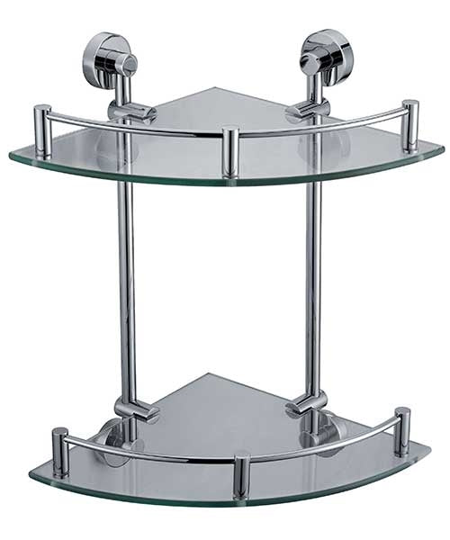 Double corner shelf with glass shelves and chrome hardware