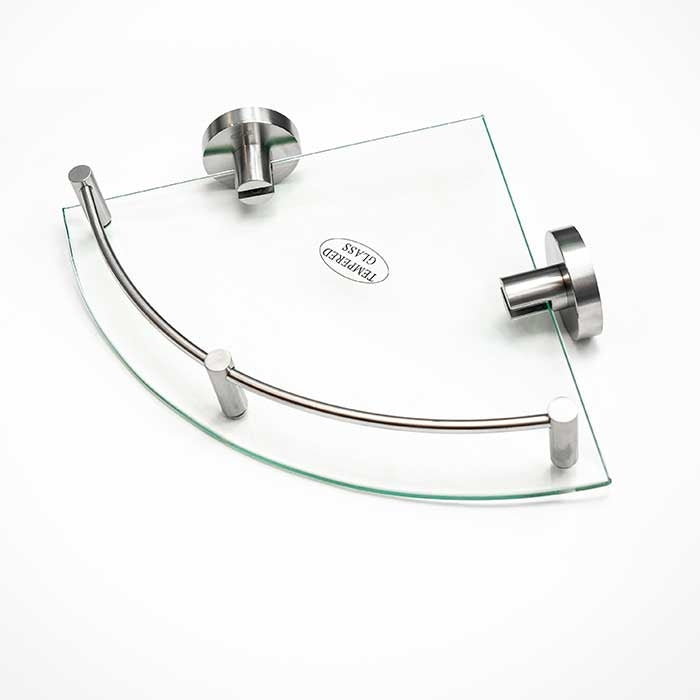 Corner shower shelf with glass and brushed nickel