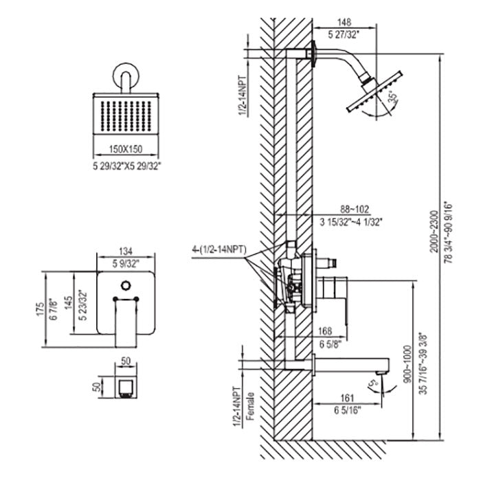 Schematic drawing for tub and shower et